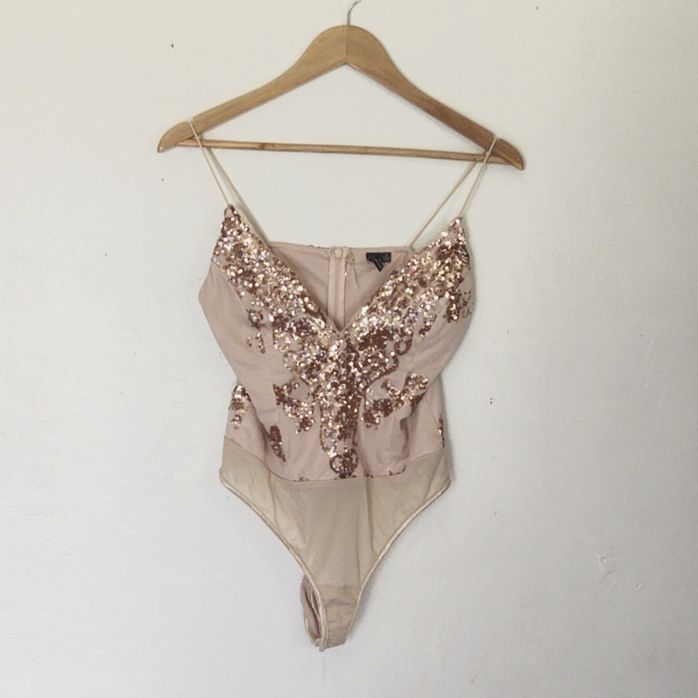 Windsor Rose Gold  Sequin Nude Bodysuit sz Med Women's